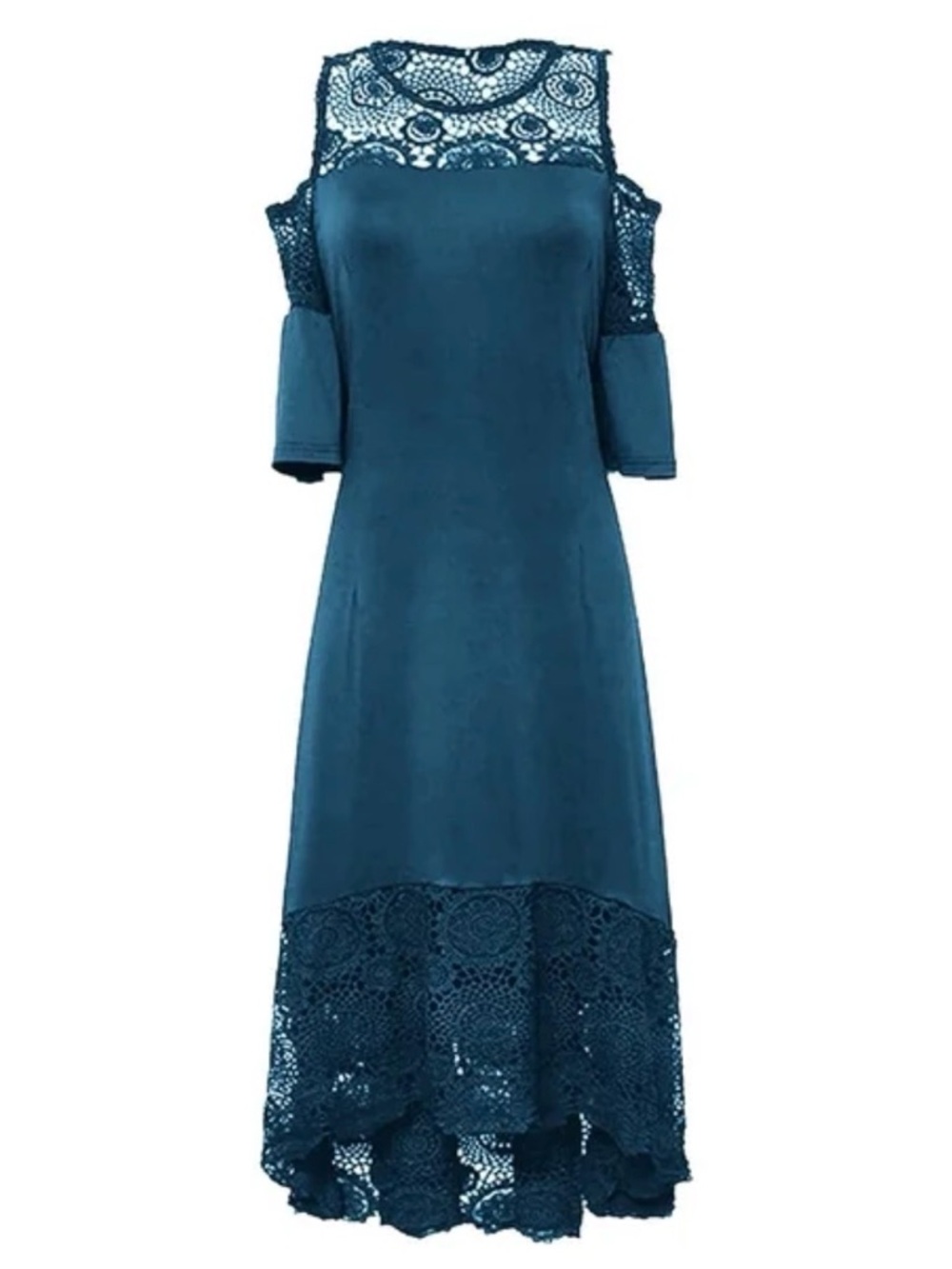 Catherines Teal Cold-Shoulder Lace-Trim High-Low Dress